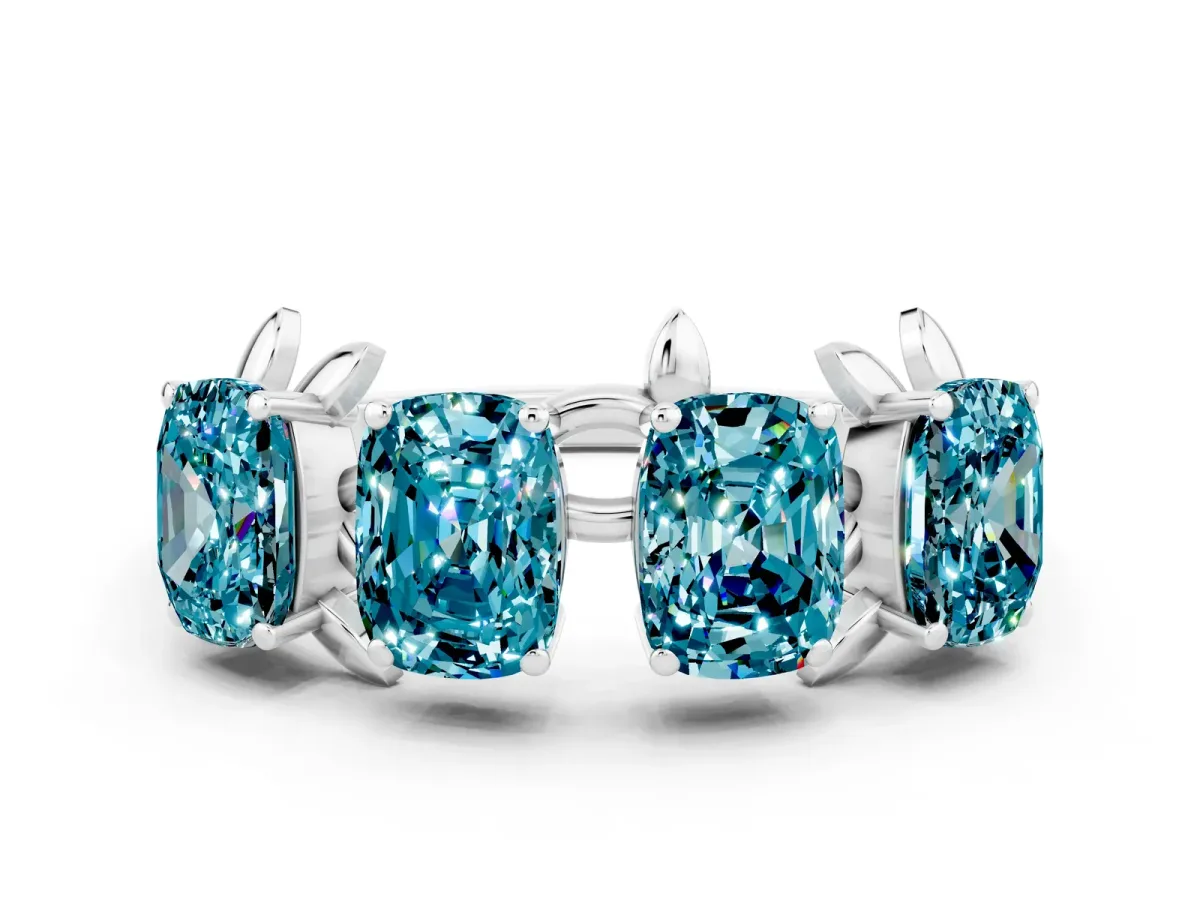 Four-Stone Elongated Cushion Blue Topaz Band with Nature-Inspired Prong Setting Silver