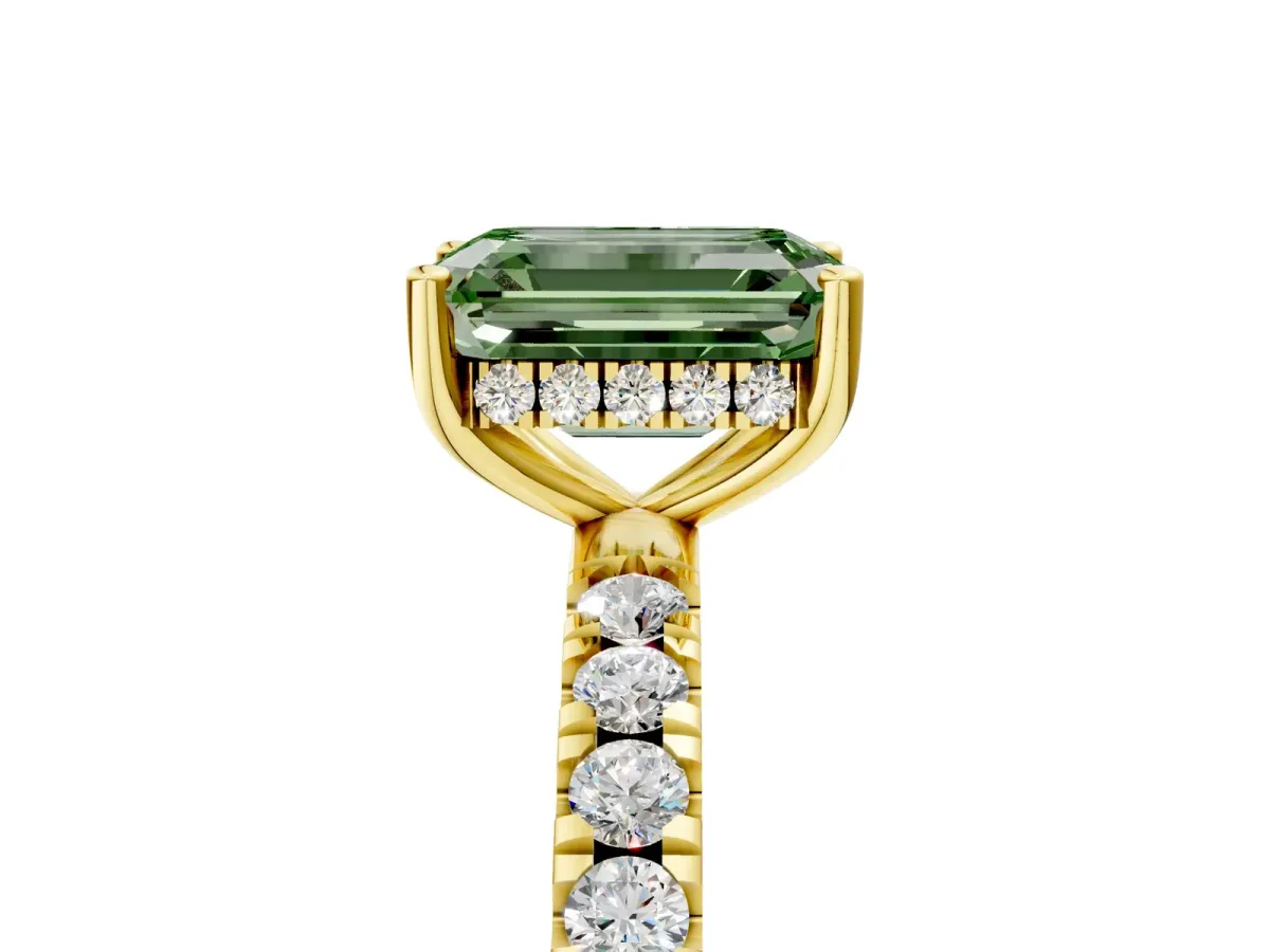 Fancy Green Emerald Cut Diamond Pave Band Solitaire Ring with Round and Prong Setting Yellow gold