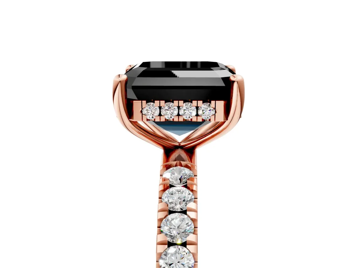 Fancy Black Asscher Cut Diamond Pave Band Solitaire Ring with Round and Prong Setting Rose gold