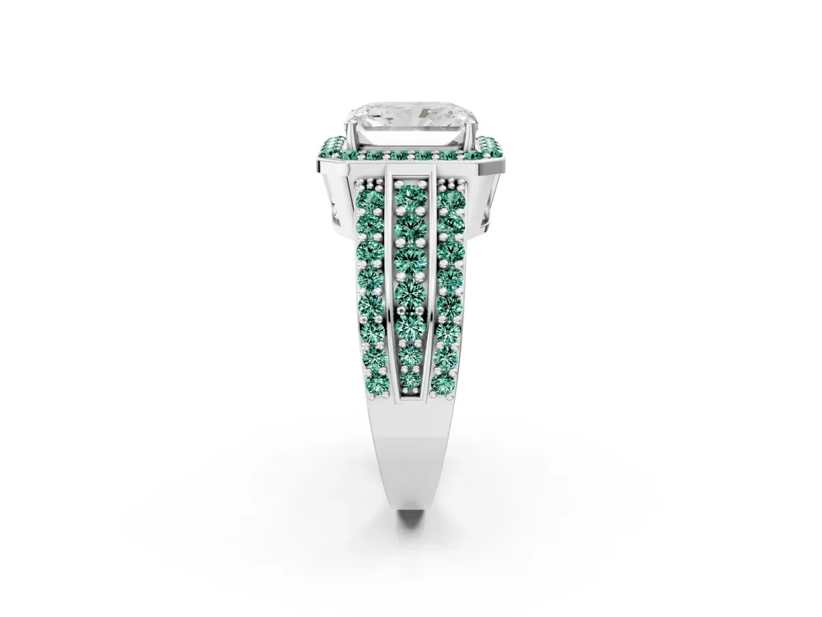 Radiant Cut Halo Diamond Ring with Round Green Sapphire Split Shank and Prong Setting Platinum