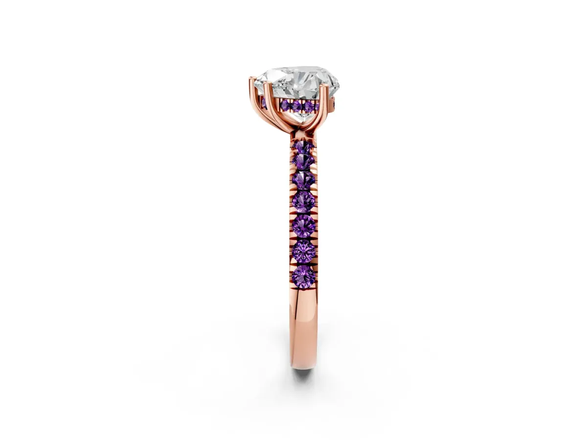 Heart Cut Diamond Pave Band Solitaire Ring with Round Amethyst and Prong Setting Rose gold