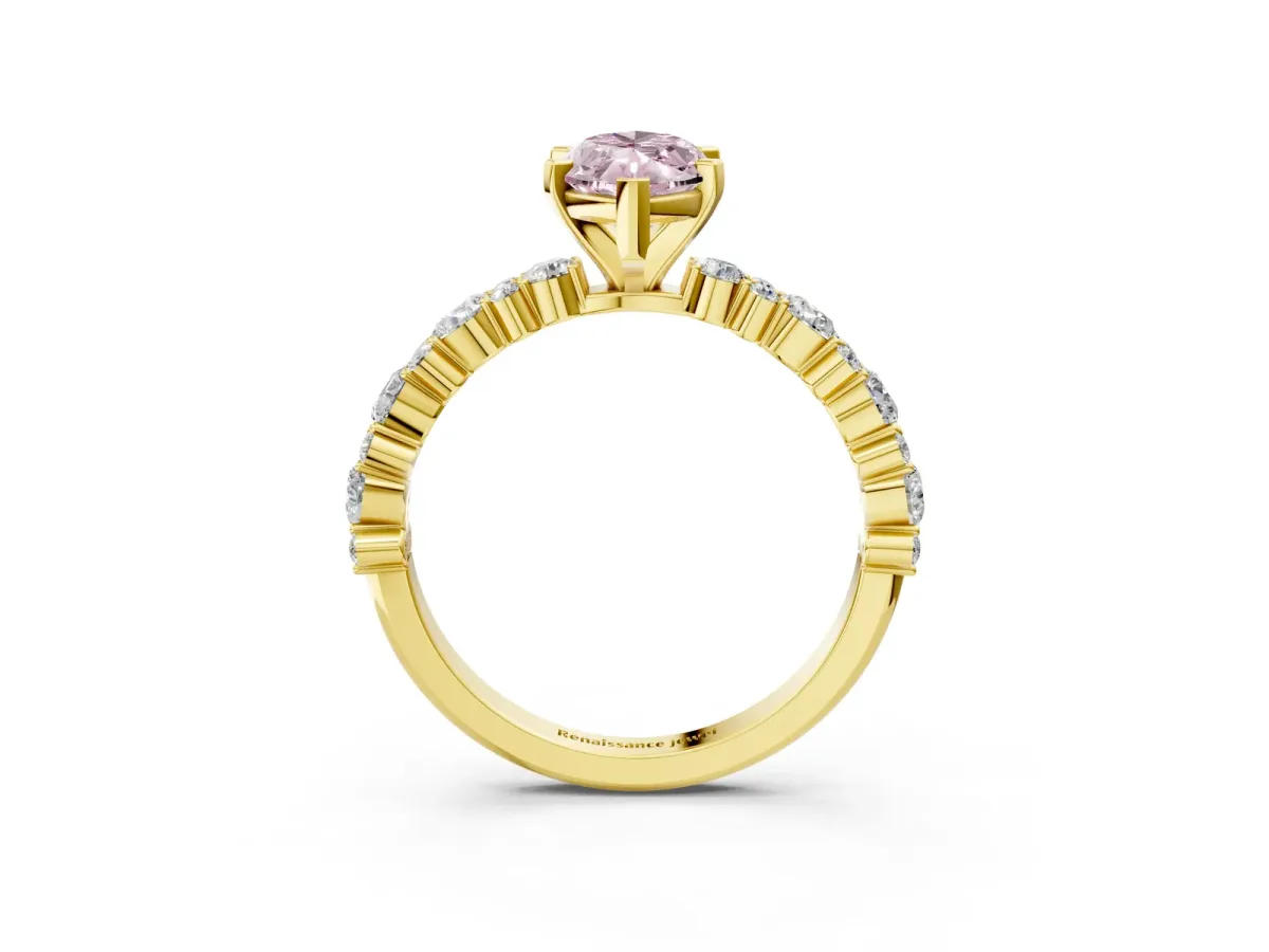 Fancy Pink Marquise Cut Diamond Side Stone Solitaire Ring with Round and Four-Prong Setting Yellow gold
