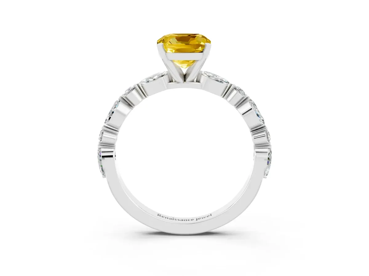 Cushion Cut Yellow Sapphire Ring with Marquise and Round Side Stones and Four-Prong Setting Silver