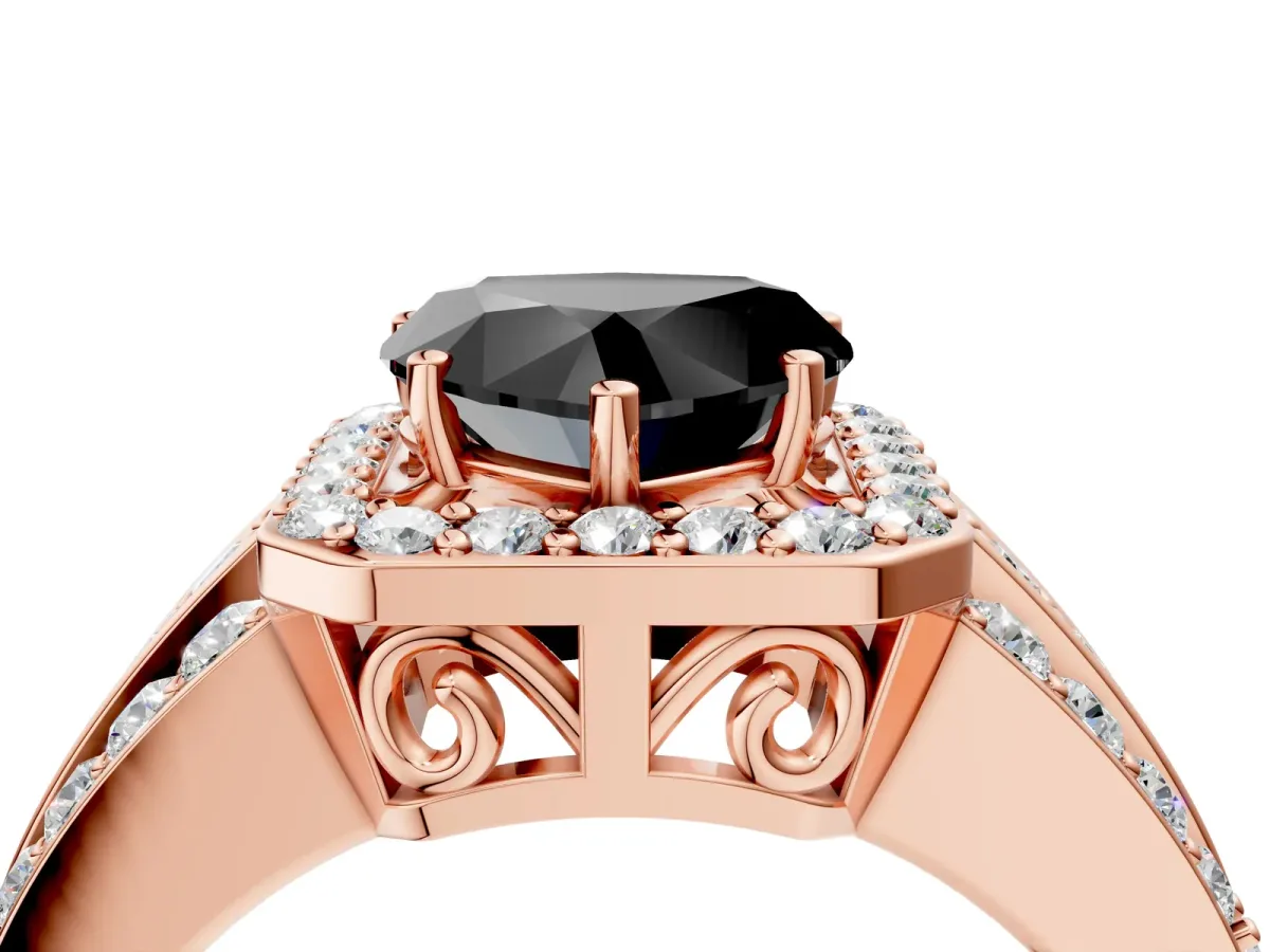 Fancy Black Heart Cut Halo Diamond Ring with Round Split Shank and Prong Setting Rose gold