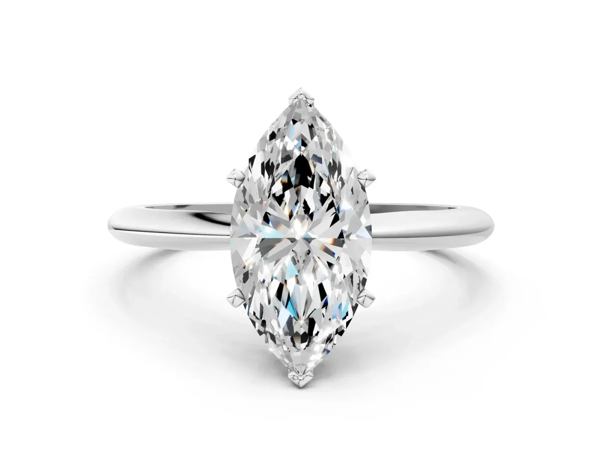 Marquise Cut Diamond Solitaire Engagement Ring with Classic Band and Four-Prong Setting Silver
