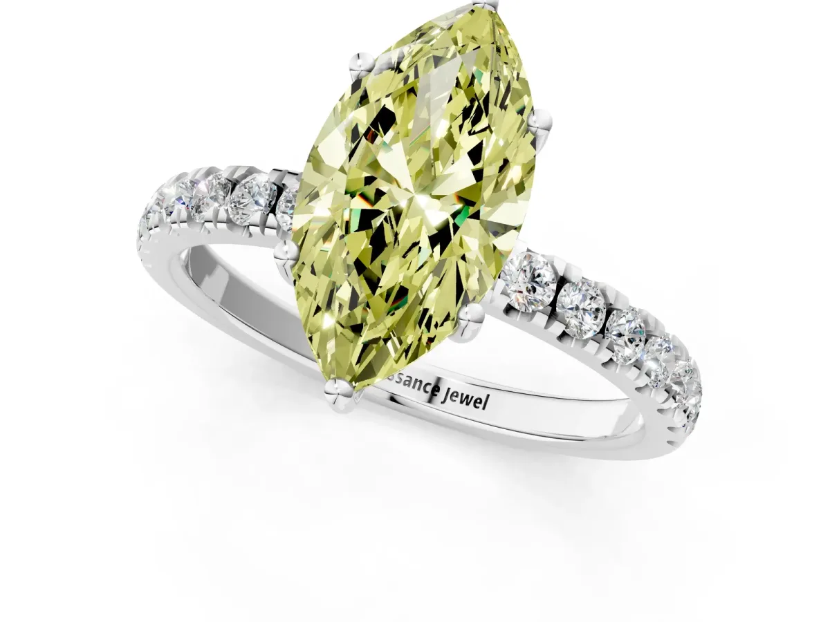 Fancy Yellow Marquise Cut Diamond Pave Band Solitaire Ring with Round and Prong Setting Silver