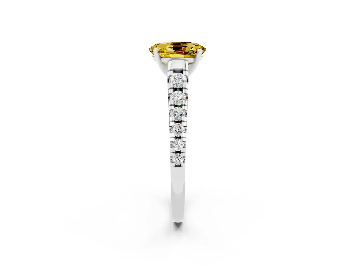 Oval Cut Yellow Sapphire Cathedral Solitaire Ring with Round Pavé Band Silver