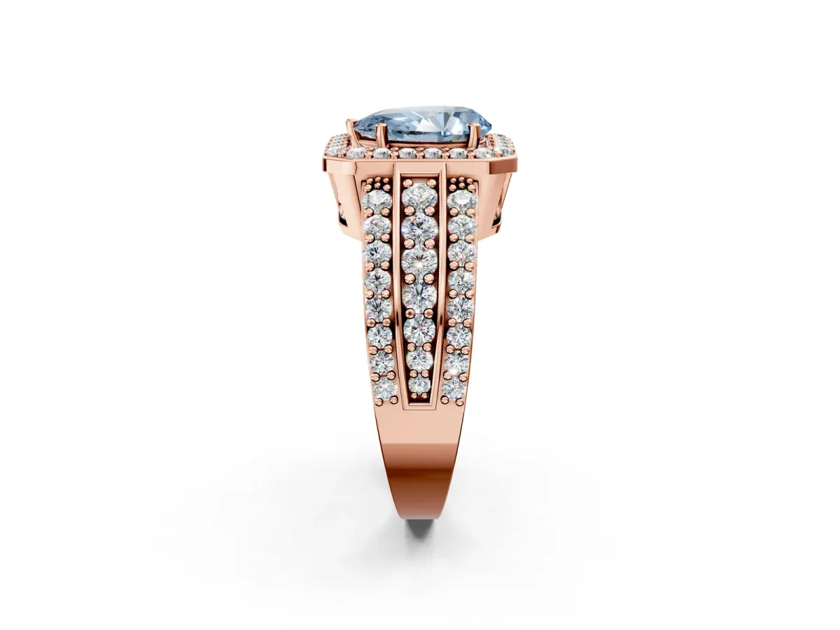 Fancy Blue Pear Cut Halo Diamond Ring with Round Split Shank and Prong Setting Rose gold