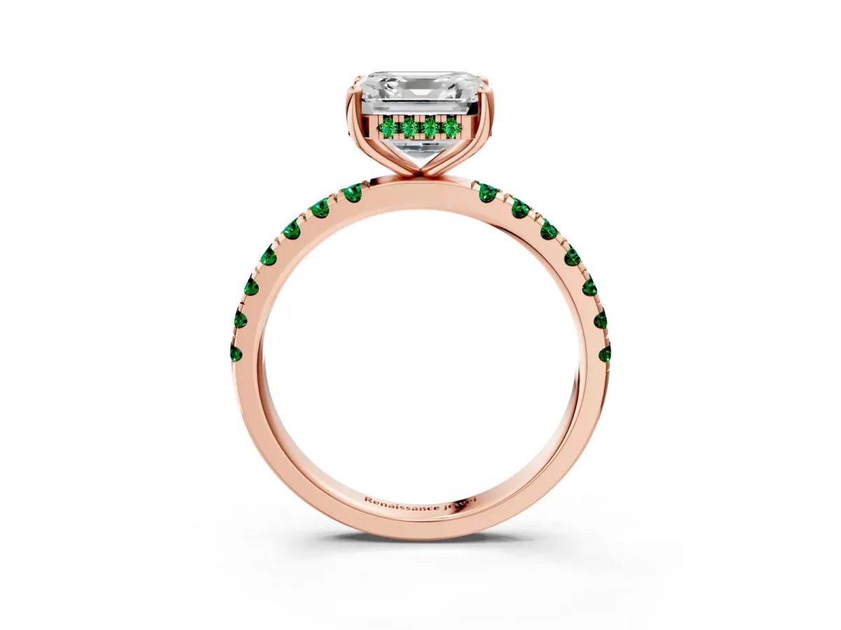 Asscher Cut Diamond Pave Band Solitaire Ring with Round Emerald and Prong Setting Rose gold