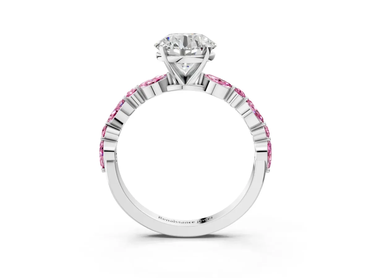 Round Cut Diamond Ring with Marquise and Round Pink Sapphire Side Stones and Four-Prong Setting Silver