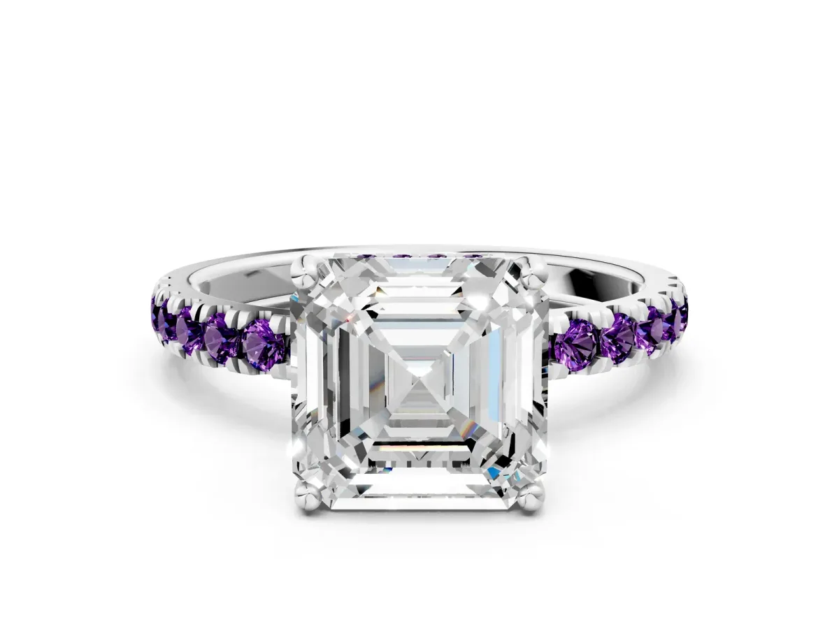 Asscher Cut Diamond Pave Band Solitaire Ring with Round Amethyst and Prong Setting Platinum