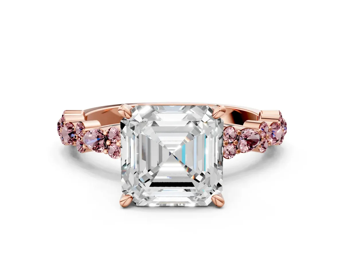 Asscher Cut Diamond Side Stone Solitaire Ring with Round Morganite and Four-Prong Setting Rose gold