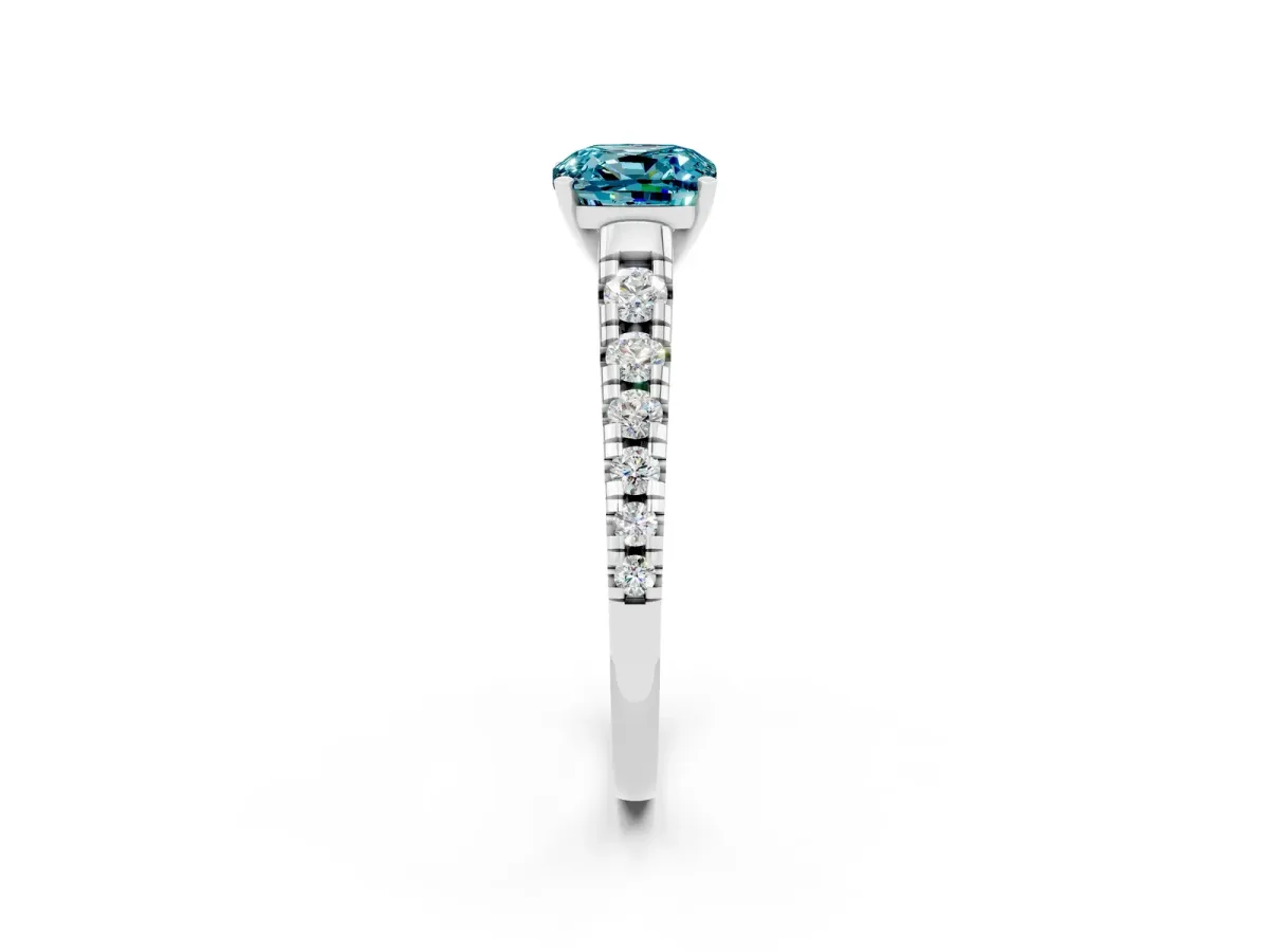 Cushion Cut Blue Topaz Cathedral Solitaire Ring with Round Pavé Band Platinum