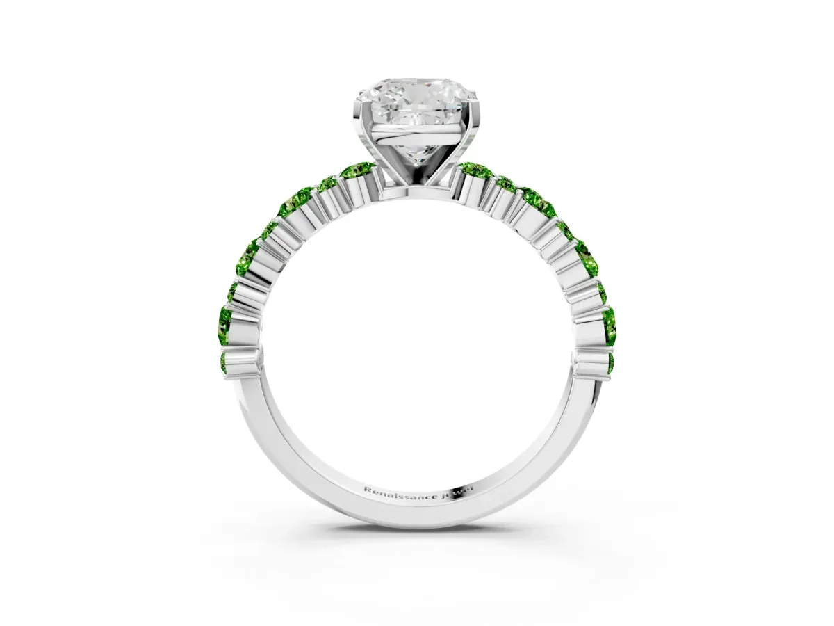 Cushion Cut Diamond Side Stone Solitaire Ring with Round Peridot and Four-Prong Setting Platinum