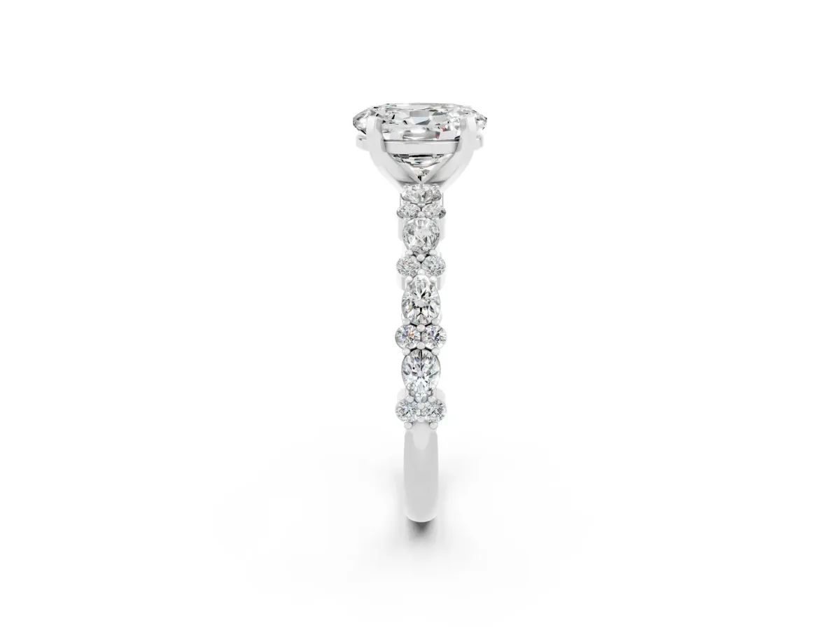 Oval Cut Moissanite Side Stone Solitaire Ring with Round and Four-Prong Setting White gold