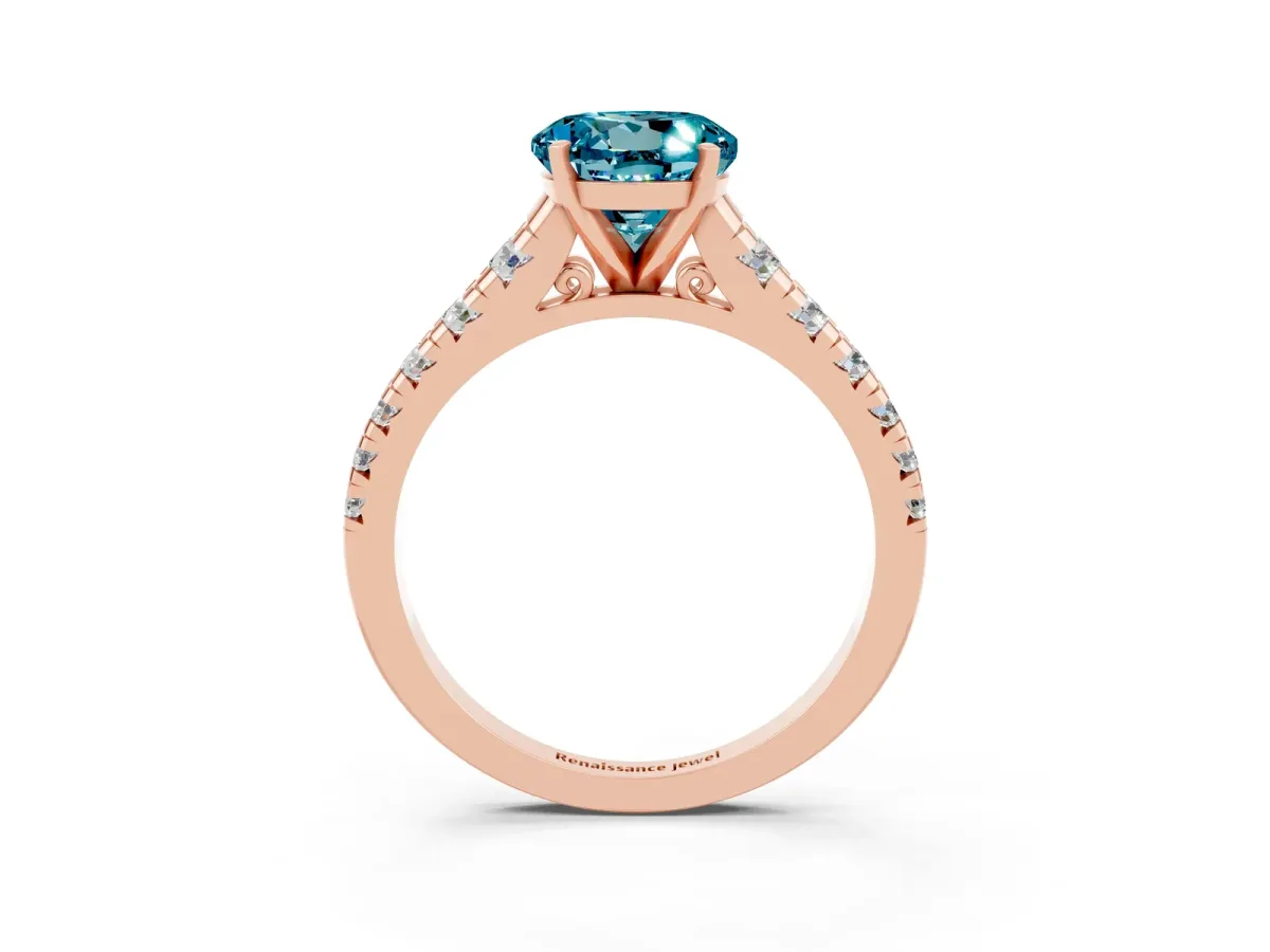 Round Cut Blue Topaz Cathedral Solitaire Ring with Round Pavé Band Rose gold