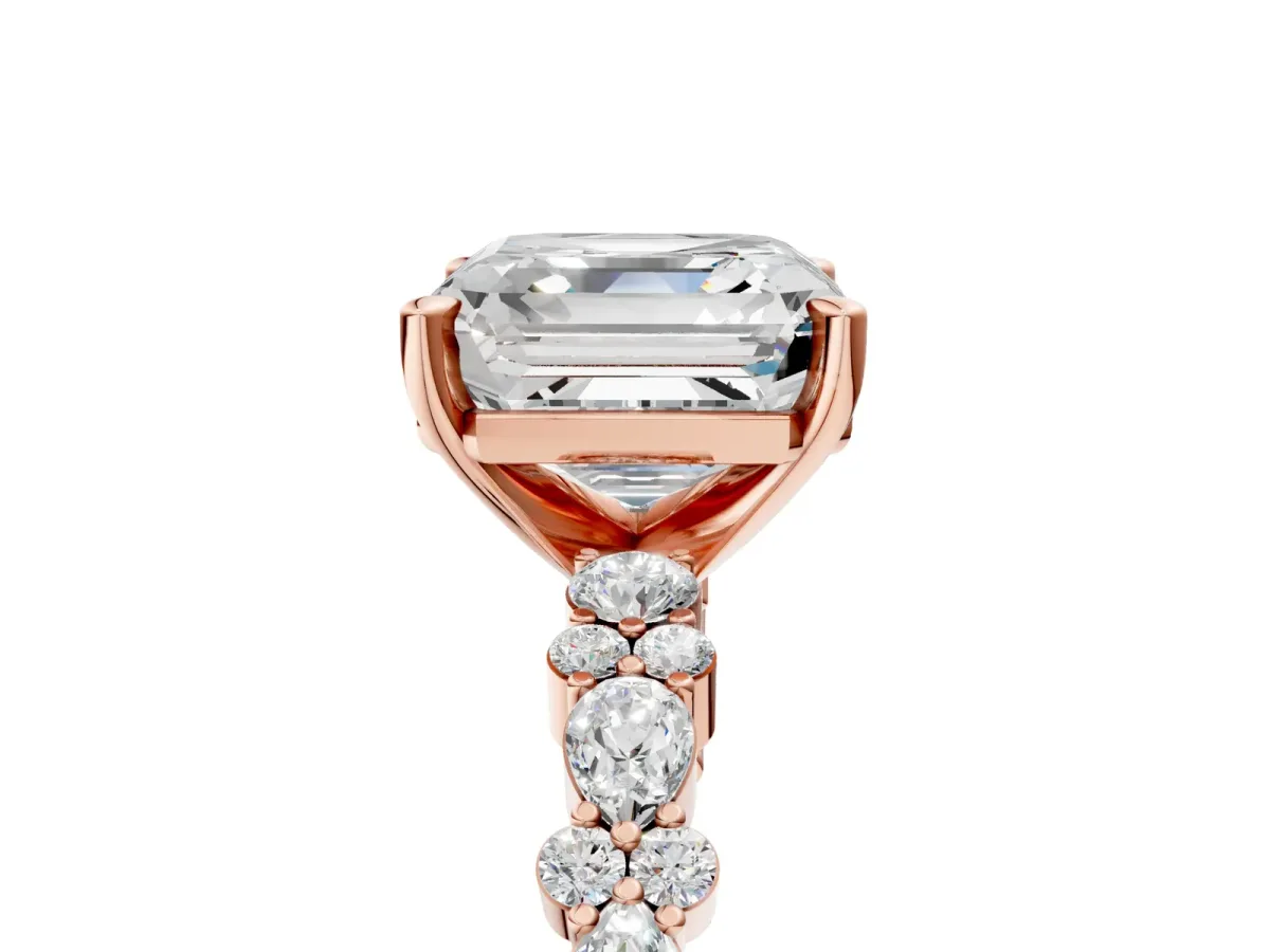 Asscher Cut Diamond Side Stone Solitaire Ring with Round Moissanite and Four-Prong Setting Rose gold