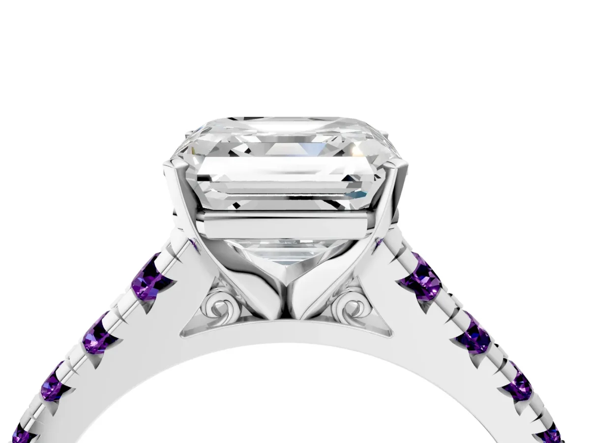 Asscher Cut Diamond Cathedral Solitaire Ring with Round Amethyst Pavé Band Platinum