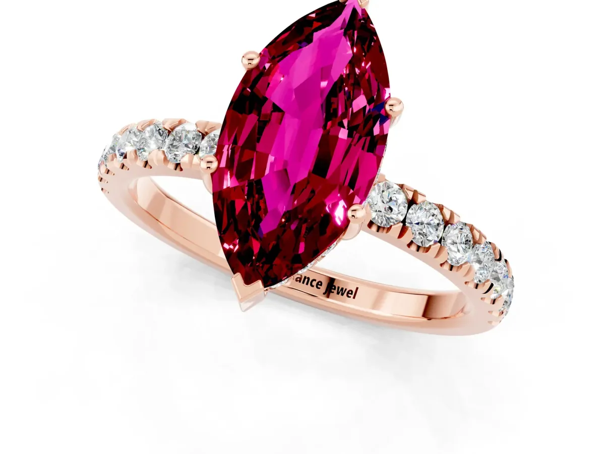 Marquise Cut Garnet Pave Band Solitaire Ring with Round and Prong Setting Rose gold