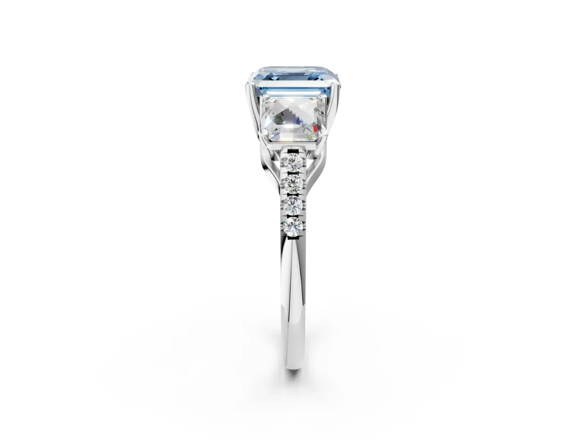 Fancy Blue Three-Stone Asscher Cut Diamond Ring with Round Pavé Band and Prong Setting White gold