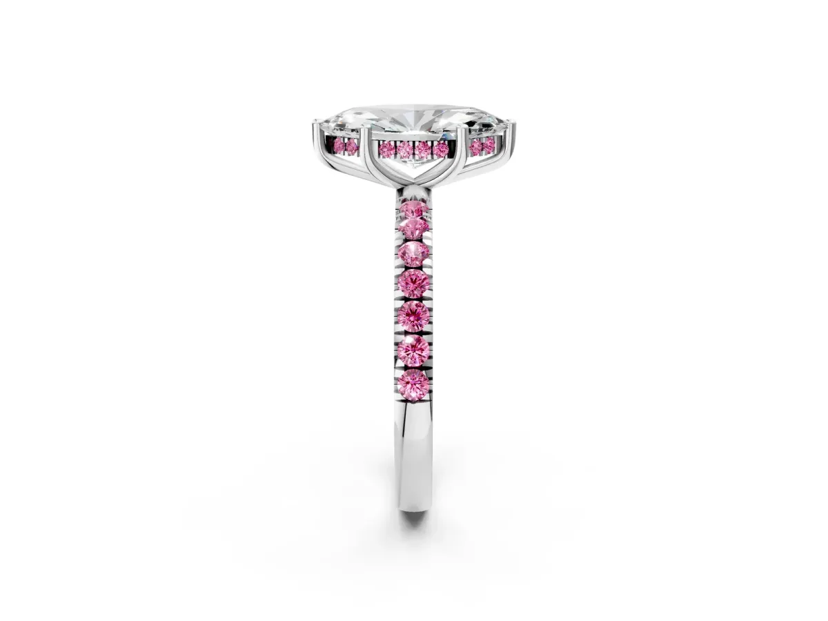 Marquise Cut Diamond Pave Band Solitaire Ring with Round Pink Sapphire and Prong Setting Silver