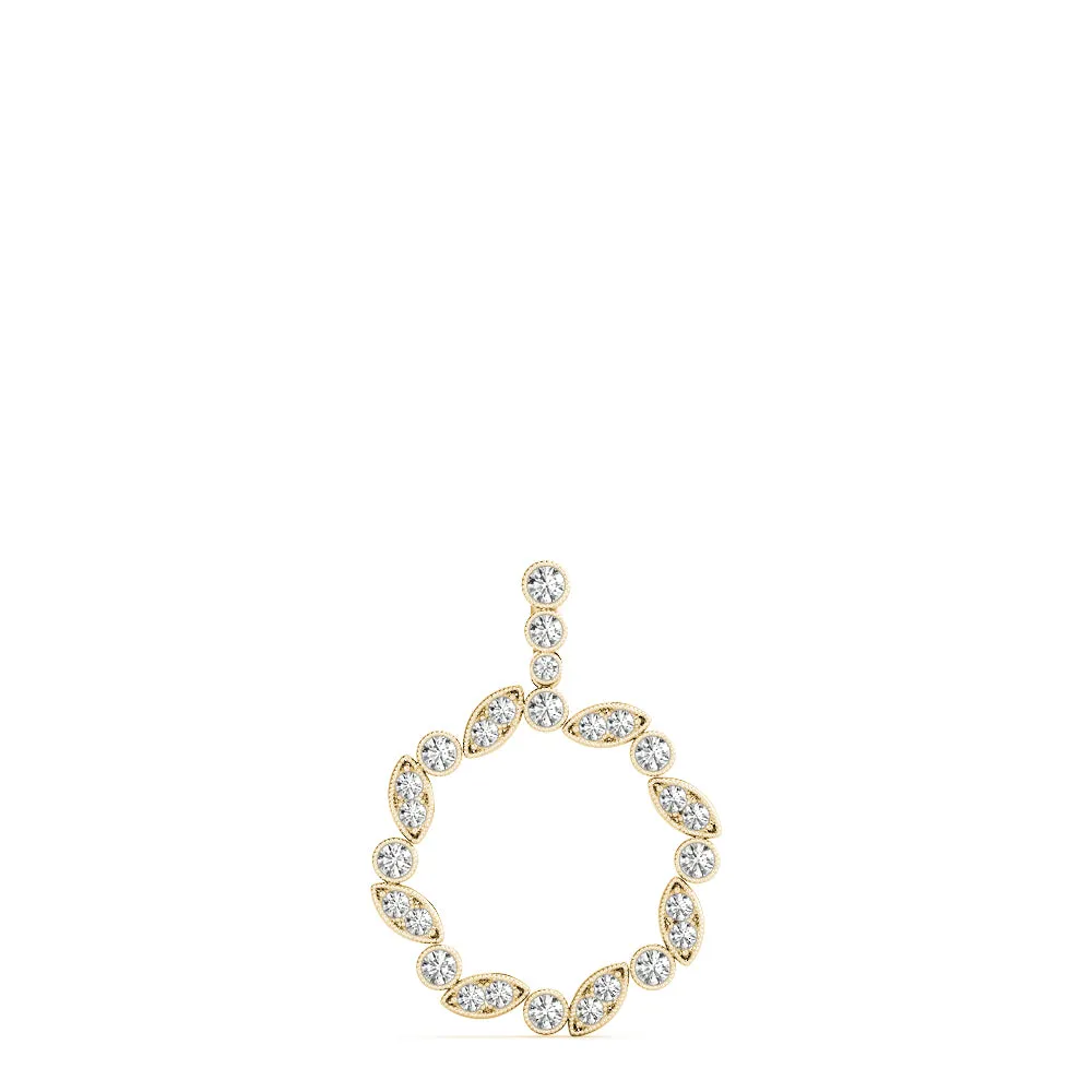 Round and Marquise Diamond Circle Pendant with Bezel and Prong Setting Yellow gold