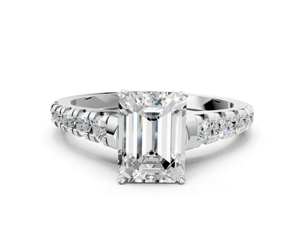 Emerald Cut Diamond Cathedral Solitaire Ring with Round Pavé Band Silver