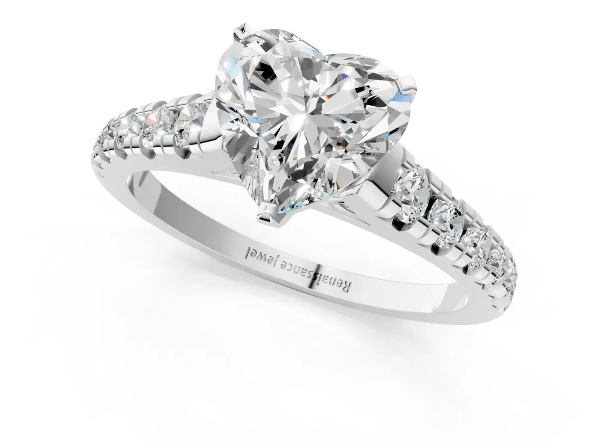 Heart Cut Diamond Cathedral Solitaire Ring with Round Pavé Band White gold