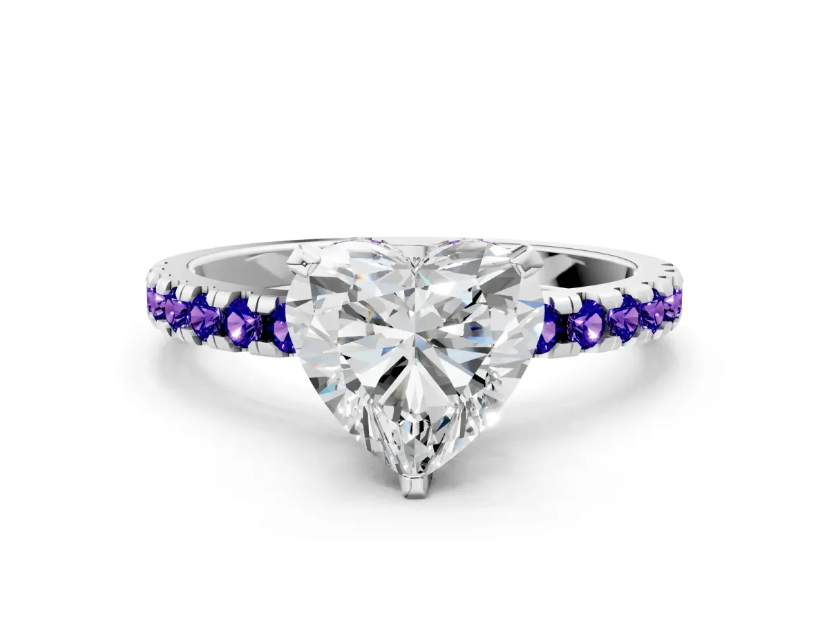 Heart Cut Diamond Solitaire Ring with Round Tanzanite Pavé Band and Four-Prong Setting Silver