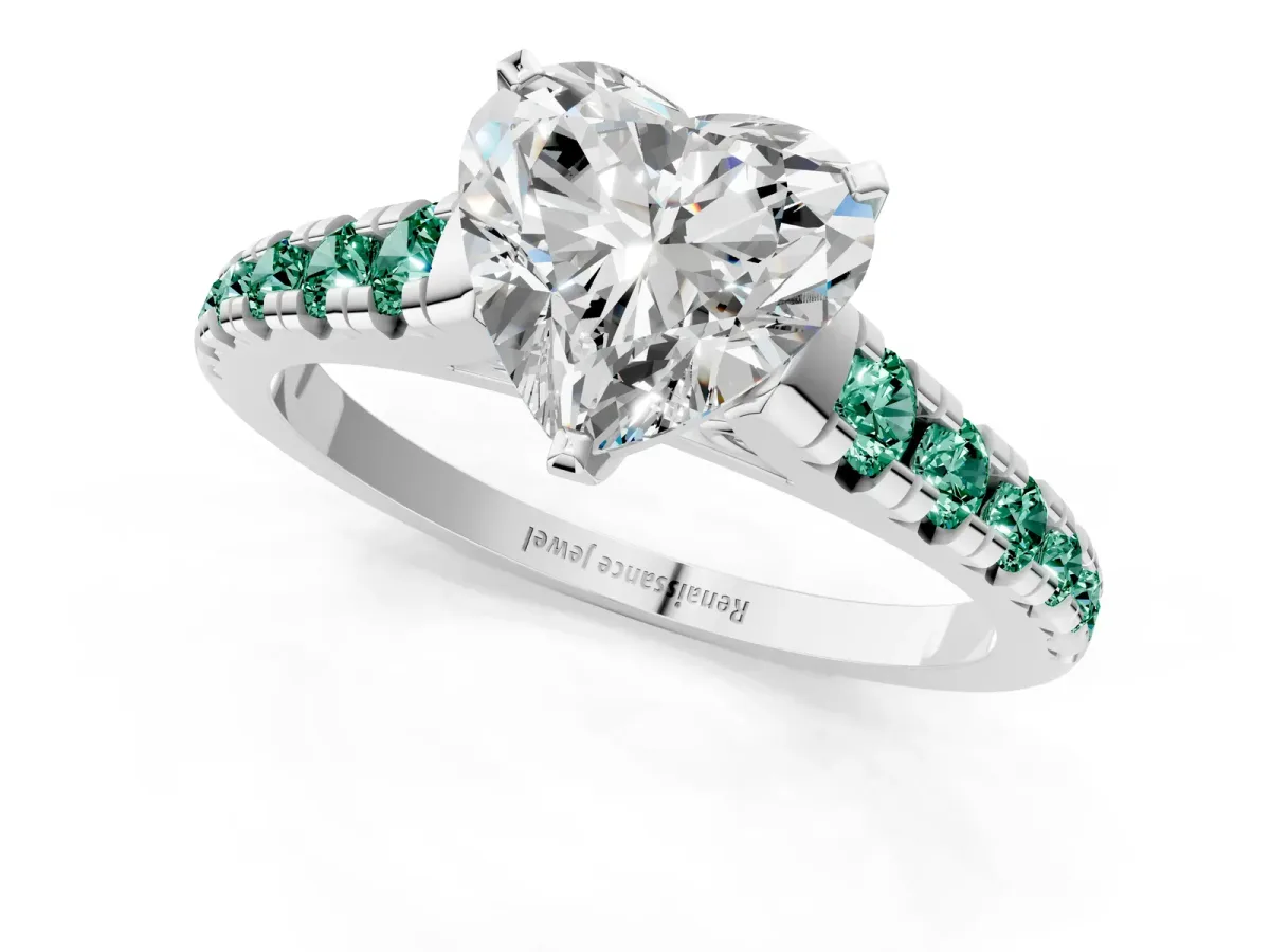 Heart Cut Diamond Cathedral Solitaire Ring with Round Green Sapphire Pavé Band Silver