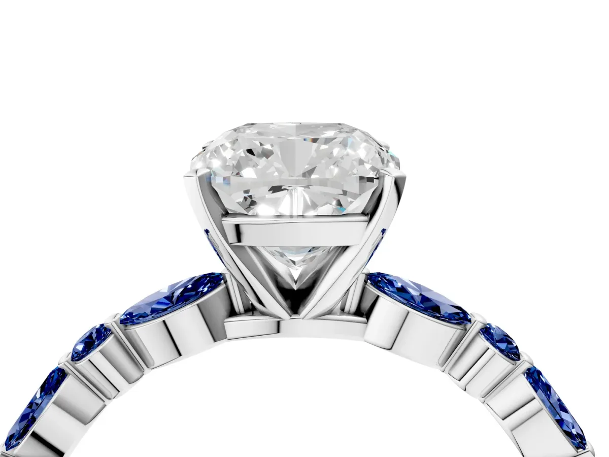 Cushion Cut Diamond Ring with Marquise and Round Blue Sapphire Side Stones and Four-Prong Setting Silver