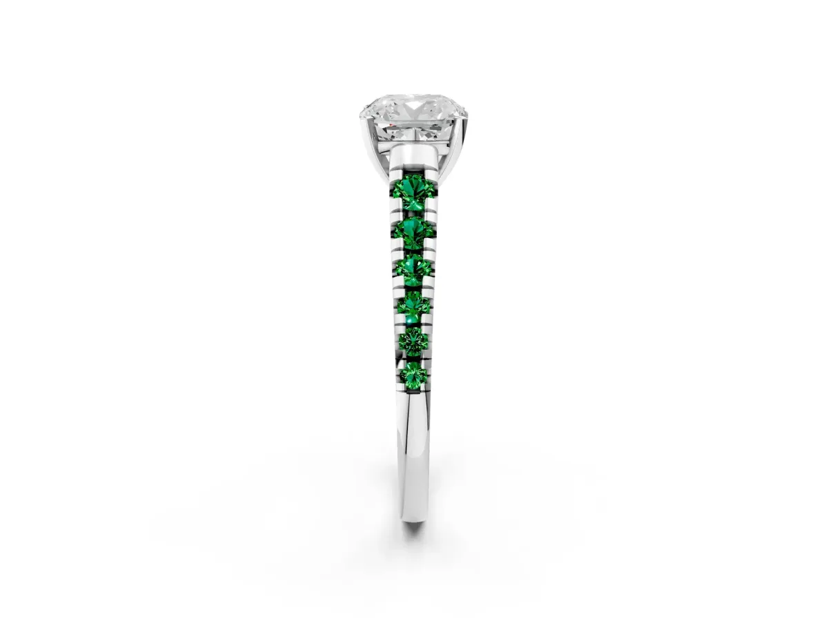 Cushion Cut Diamond Cathedral Solitaire Ring with Round Emerald Pavé Band Platinum
