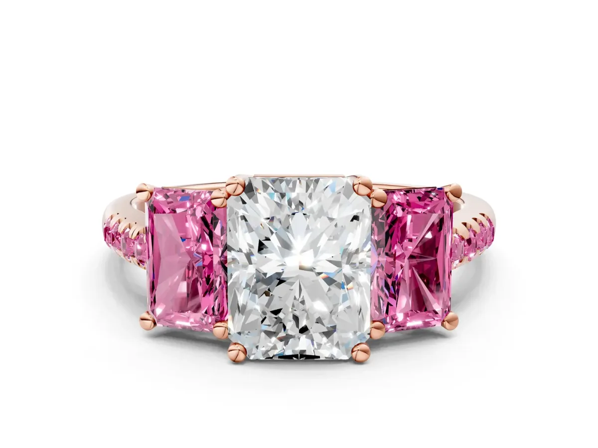 Three-Stone Radiant Cut Diamond Ring with Round Pink Sapphire Pavé Band and Prong Setting Rose gold
