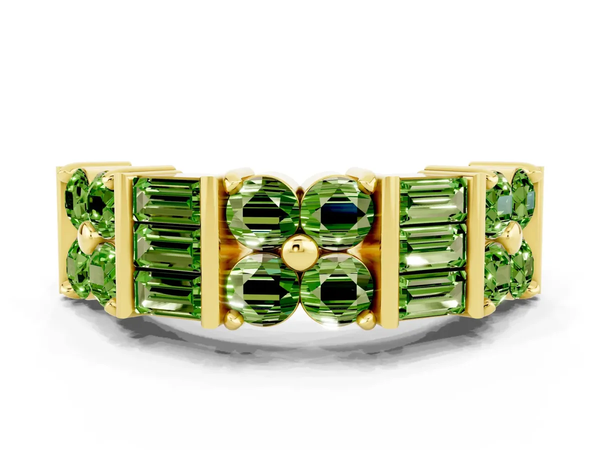 Channel Set Round and Baguette Peridot Anniversary Band with Prong Setting Yellow gold