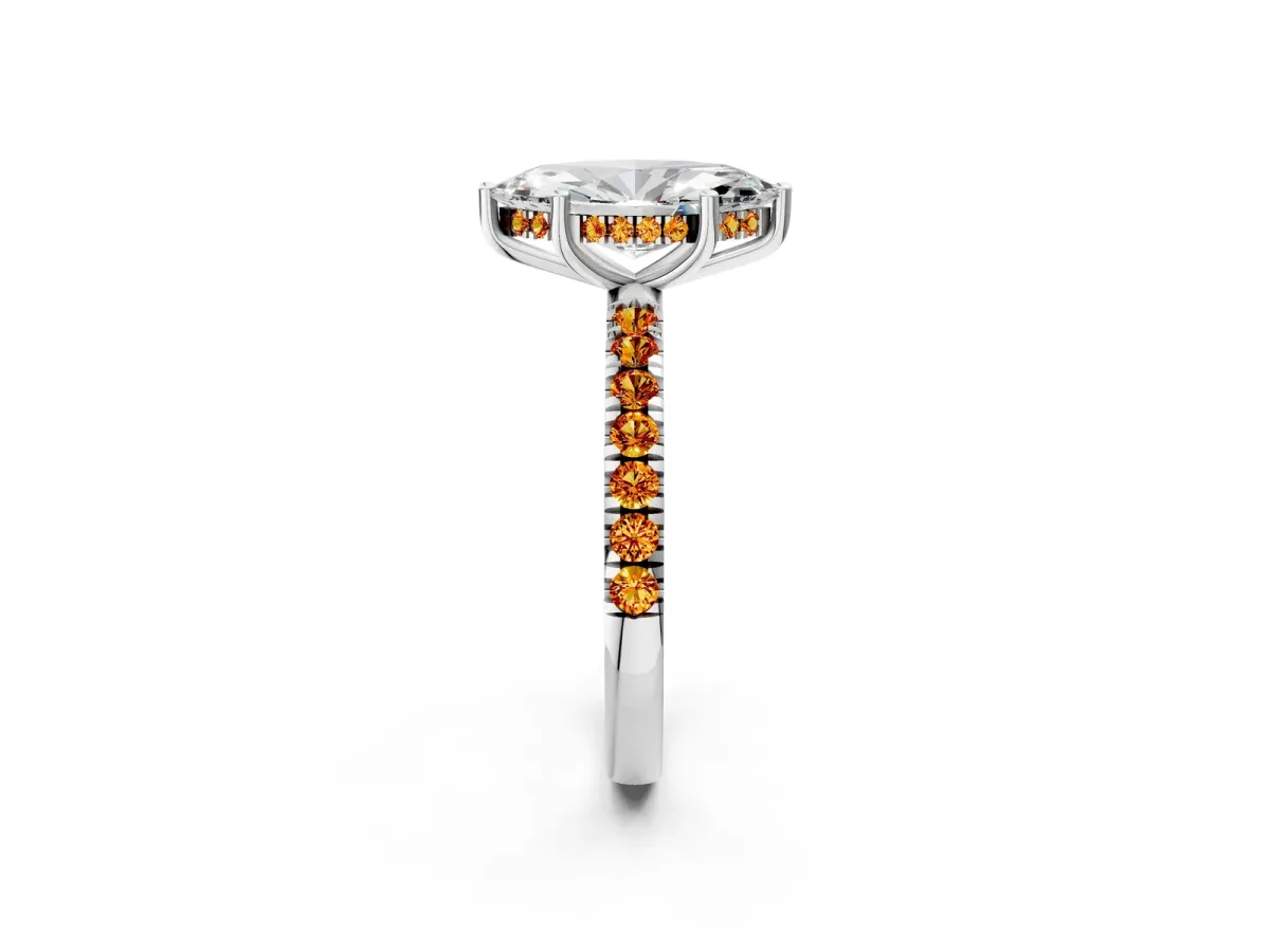 Marquise Cut Diamond Pave Band Solitaire Ring with Round Citrine and Prong Setting White gold