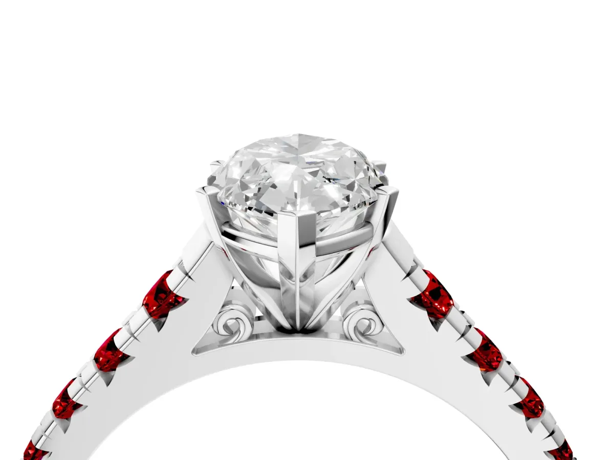 Marquise Cut Diamond Cathedral Solitaire Ring with Round Ruby Pavé Band White gold