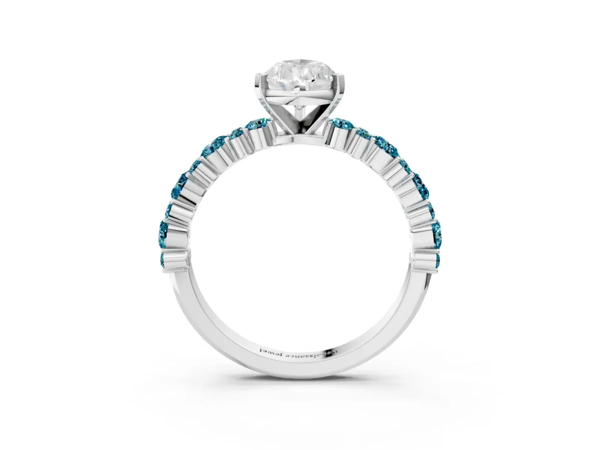 Pear Cut Diamond Side Stone Solitaire Ring with Round Blue Topaz and Four-Prong Setting Platinum