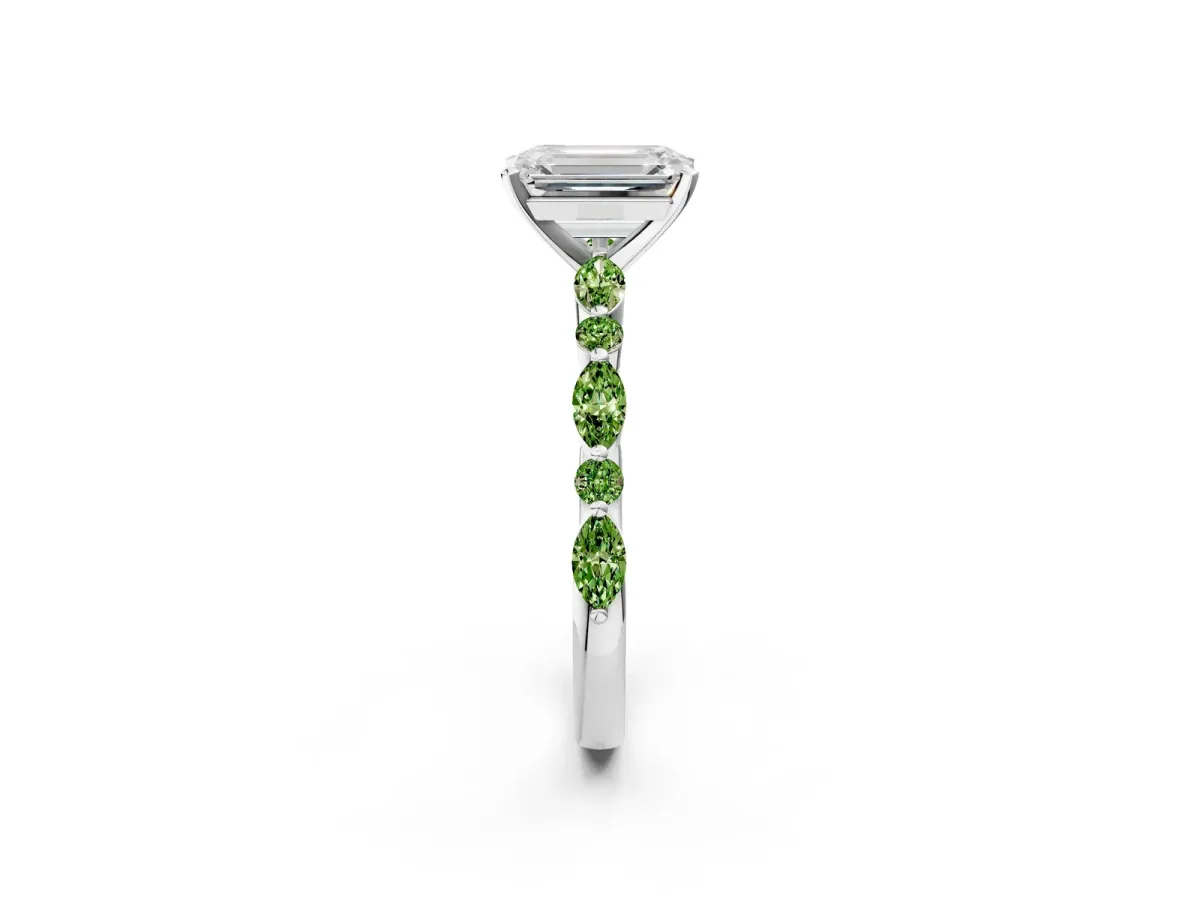 Emerald Cut Diamond Ring with Marquise and Round Peridot Side Stones and Four-Prong Setting White gold