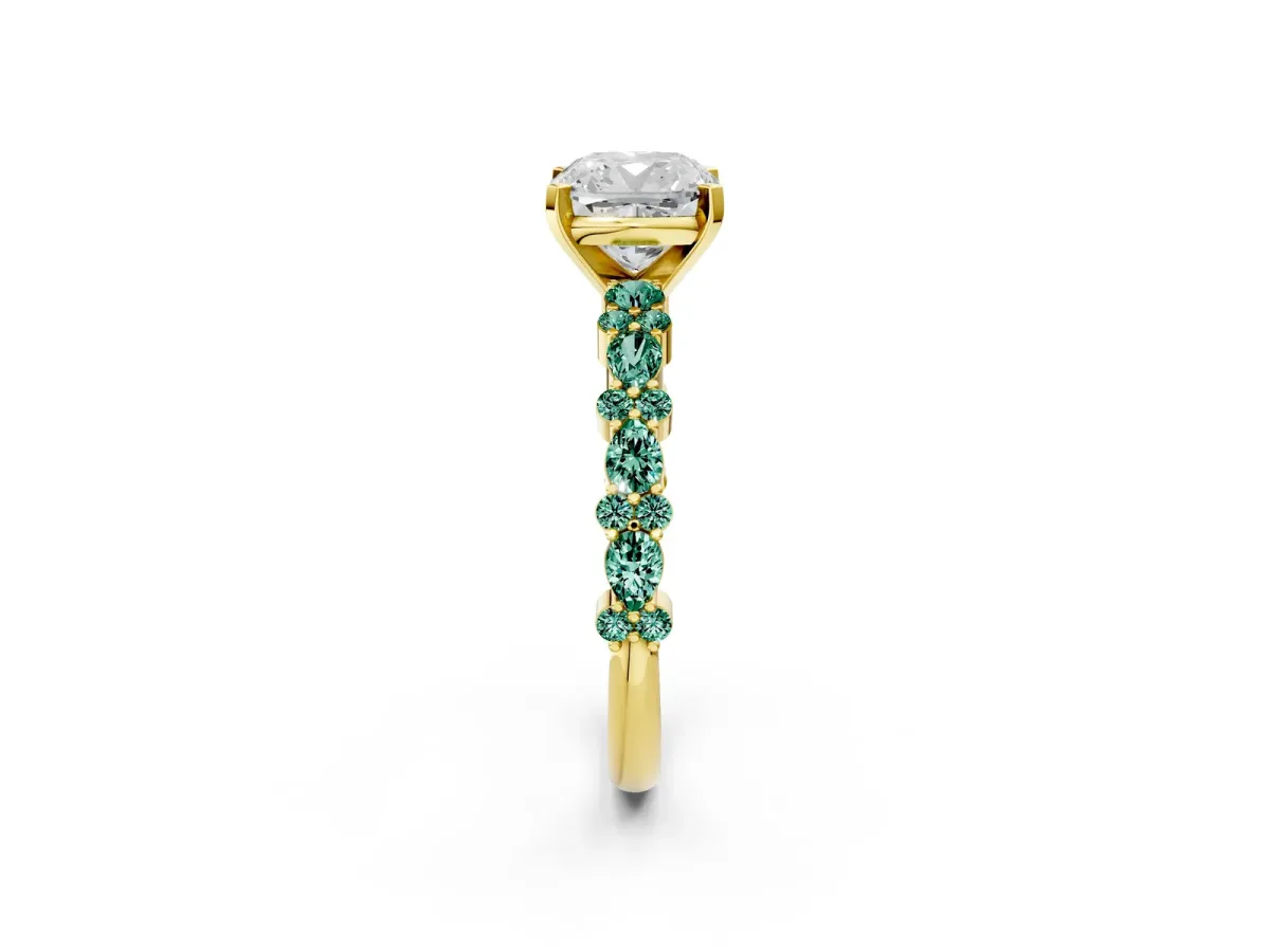 Cushion Cut Diamond Side Stone Solitaire Ring with Round Green Sapphire and Four-Prong Setting Yellow gold