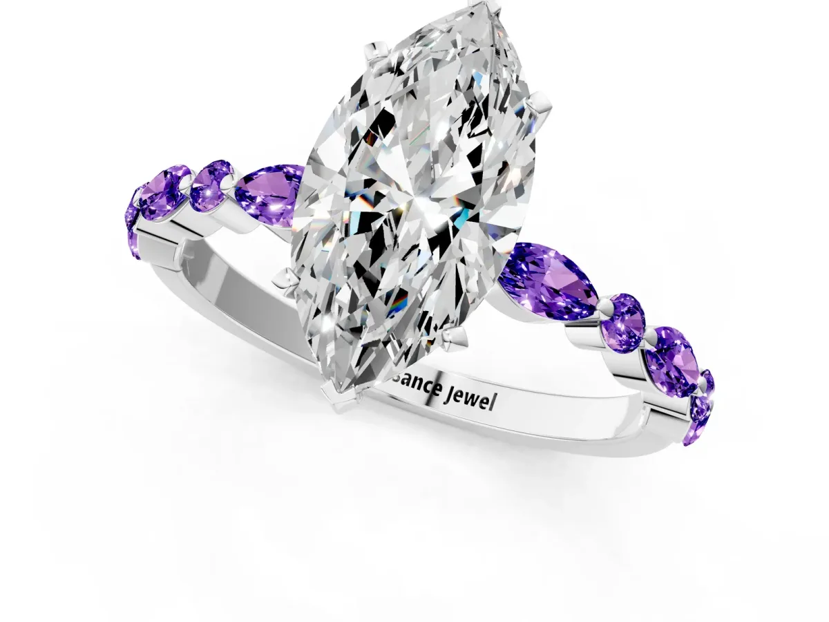 Marquise Cut Diamond Ring with Marquise and Round Tanzanite Side Stones and Four-Prong Setting Platinum