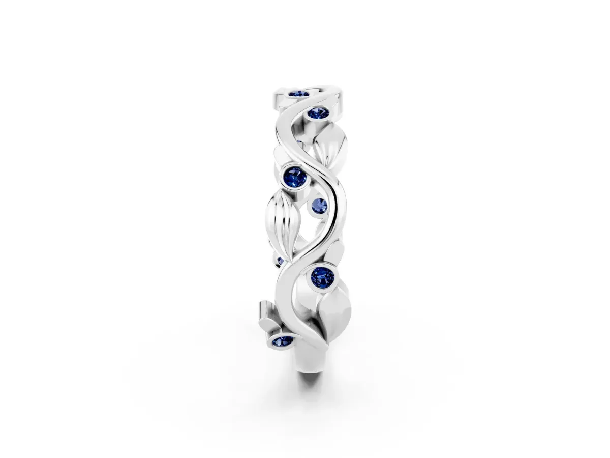 Round Blue Sapphire Leaf Eternity Band with Bezel Setting White gold