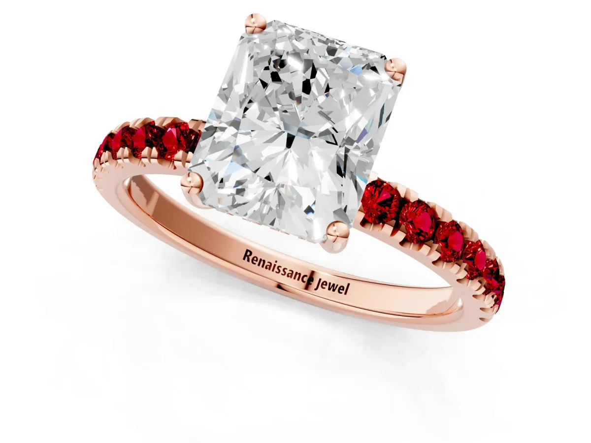 Radiant Cut Diamond Pave Band Solitaire Ring with Round Ruby and Prong Setting Rose gold