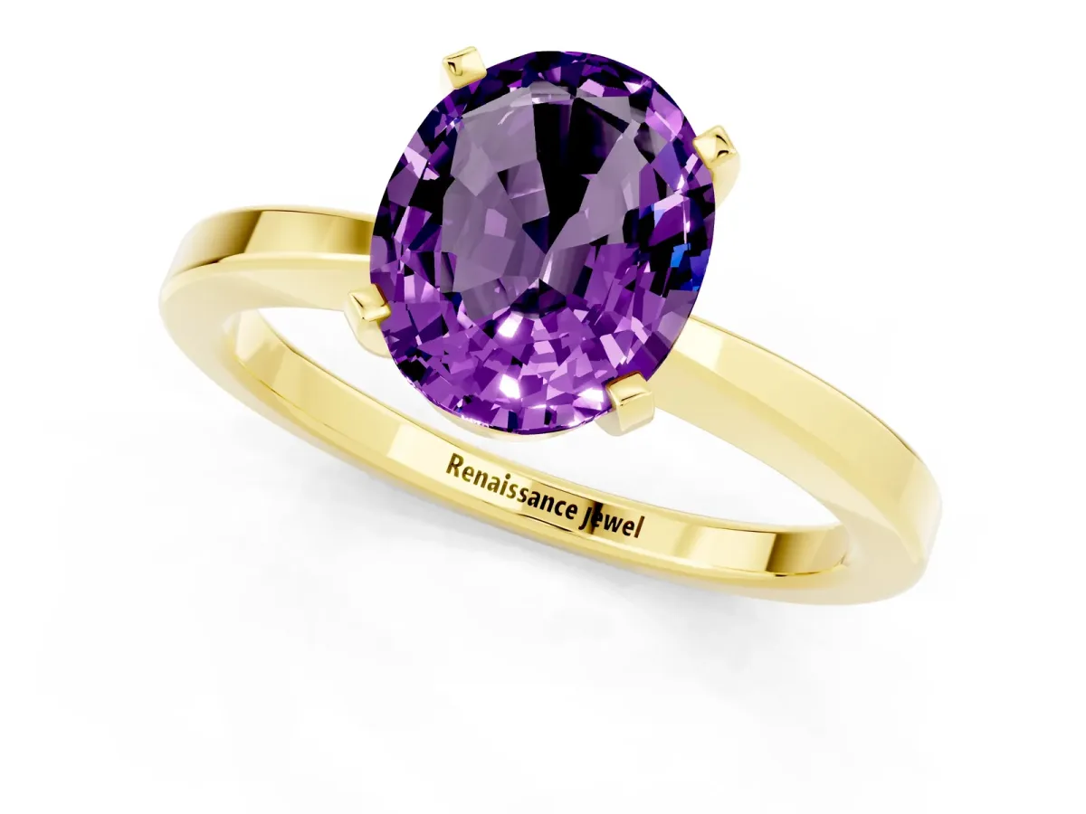 Oval Cut Amethyst Solitaire Engagement Ring with Classic Band and Four-Prong Setting Yellow gold