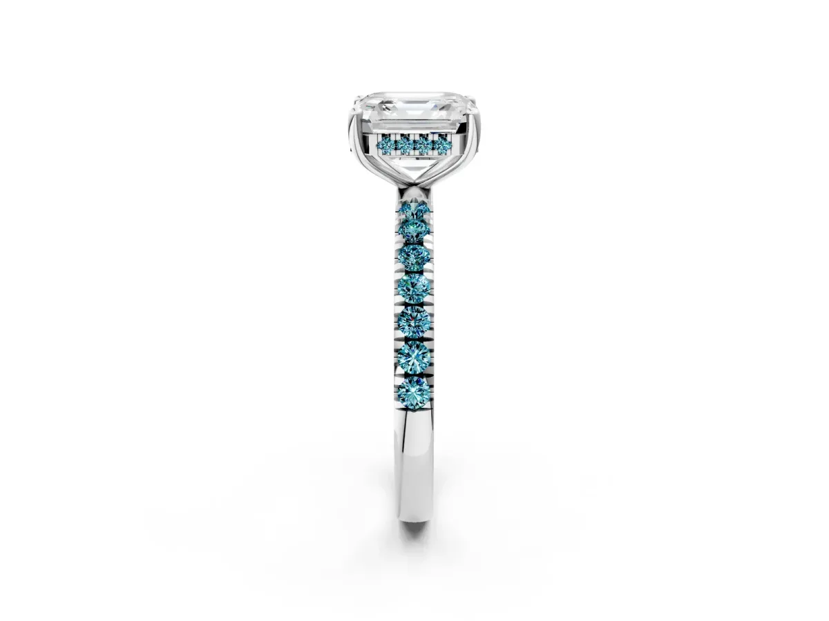 Asscher Cut Diamond Pave Band Solitaire Ring with Round Blue Topaz and Prong Setting Platinum