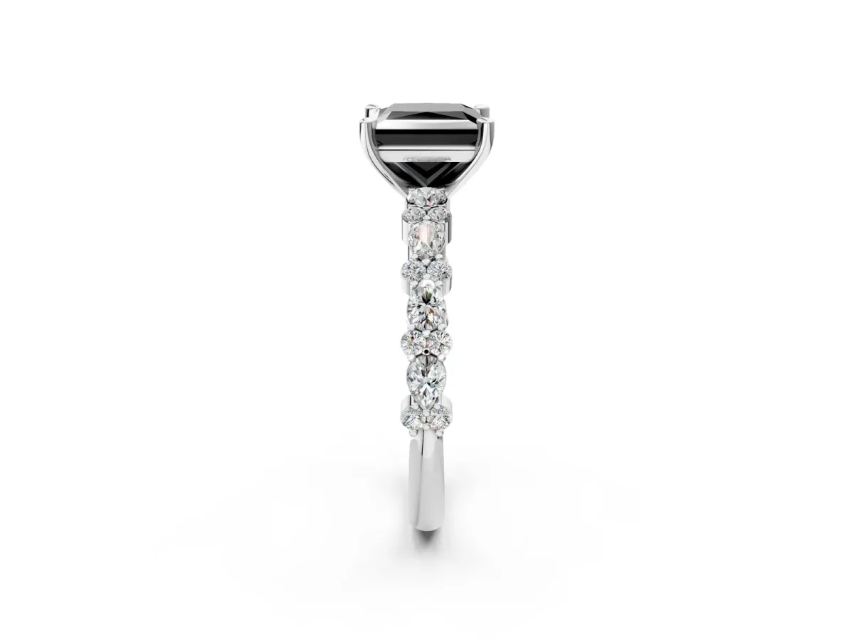 Fancy Black Princess Cut Diamond Side Stone Solitaire Ring with Round and Four-Prong Setting Platinum