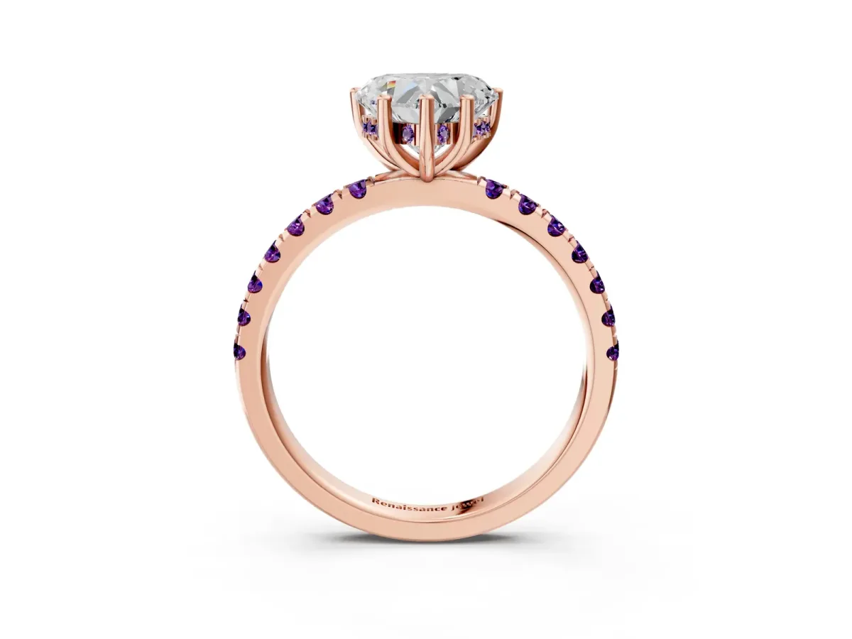 Heart Cut Diamond Pave Band Solitaire Ring with Round Amethyst and Prong Setting Rose gold