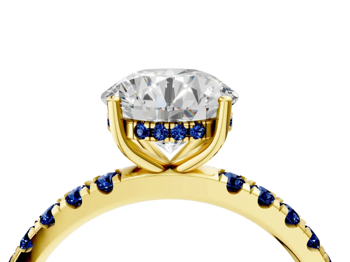 Round Cut Diamond Pave Band Solitaire Ring with Round Blue Sapphire and Prong Setting Yellow gold