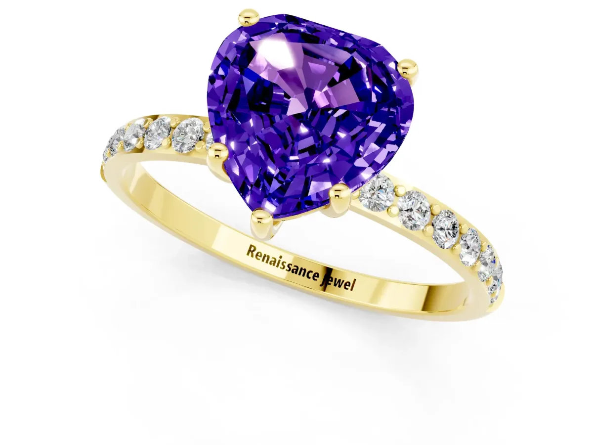 Heart Cut Tanzanite Solitaire Ring with Round Pavé Band and Prong Setting Yellow gold