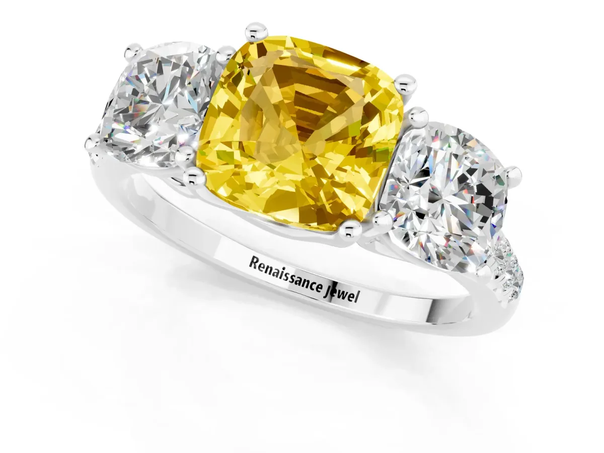 Three-Stone Cushion Cut Yellow Sapphire Ring with Round Pavé Band and Prong Setting Platinum