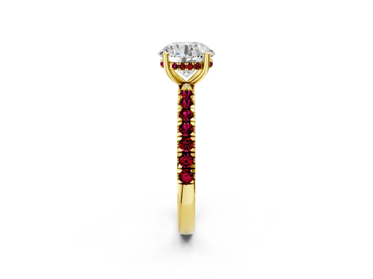 Round Cut Diamond Pave Band Solitaire Ring with Round Garnet and Prong Setting Yellow gold